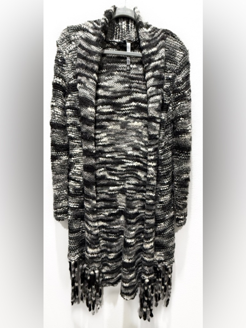 Kensie Black & Gray Marled Open-Front Cardigan with Fringe